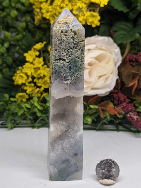 Moss Agate Tower with Druzy